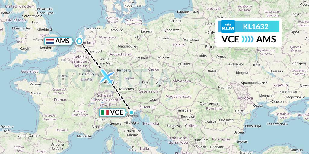 KL1632 KLM Flight Map: Venice to Amsterdam