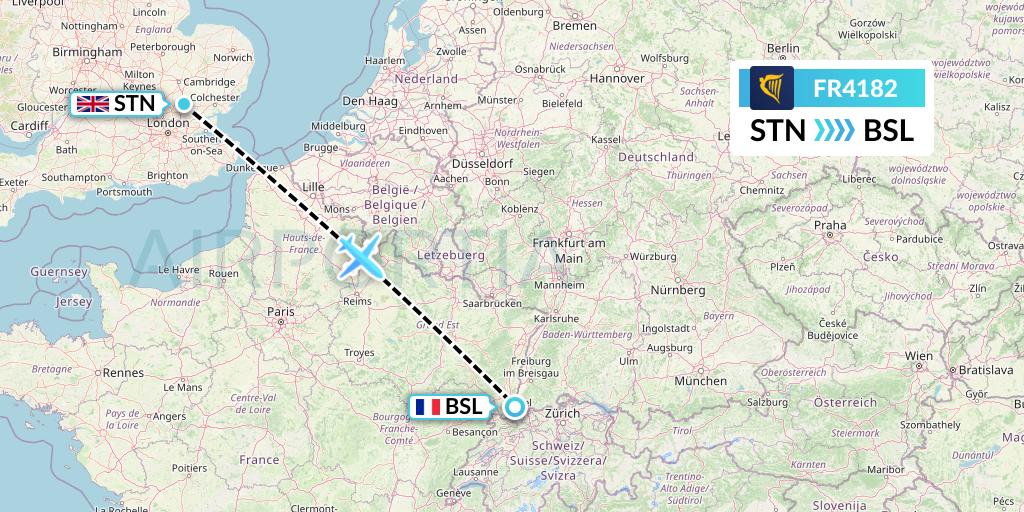 FR4182 Ryanair Flight Map: London to Basel