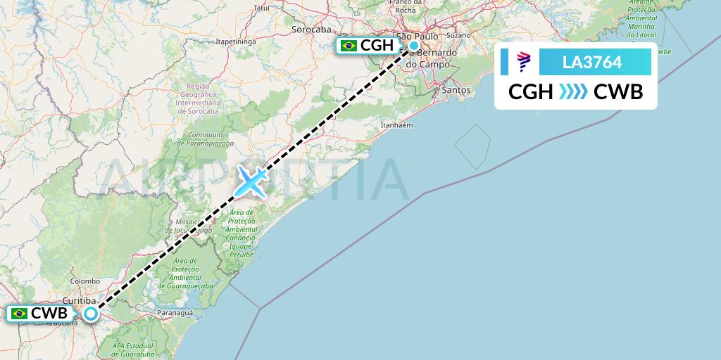 LA3764 LAN Airlines Flight Map: Sao Paulo to Curitiba