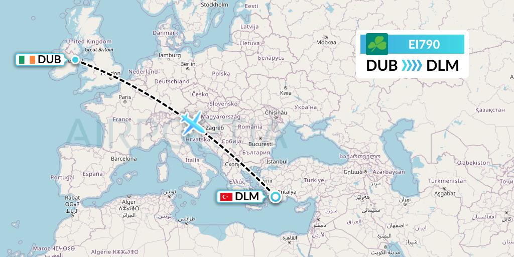EI790 Aer Lingus Flight Map: Dublin to Dalaman