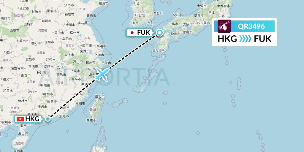 QR3496 Qatar Airways Flight Map: Hong Kong to Fukuoka