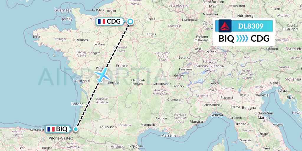 DL8309 Delta Air Lines Flight Map: Biarritz to Paris