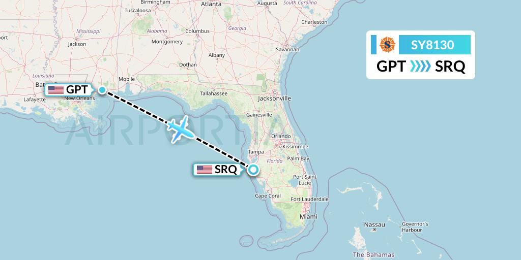 SY8130 Sun Country Airlines Flight Map: Gulfport to Sarasota