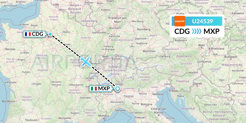U24539 EasyJet Flight Map: Paris to Milan
