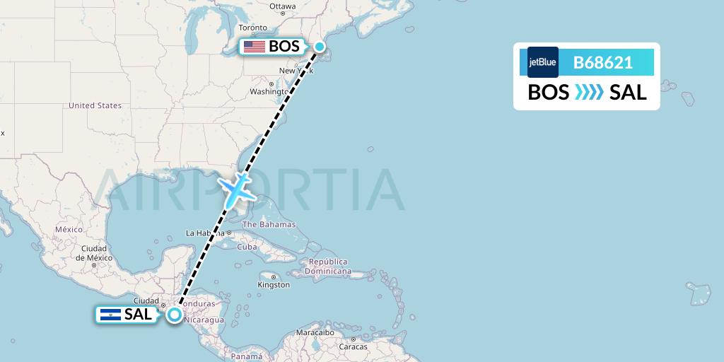 B68621 JetBlue Airways Flight Map: Boston to San Salvador