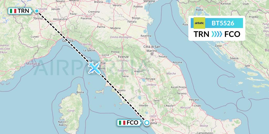 BT5526 Air Baltic Flight Map: Turin to Rome