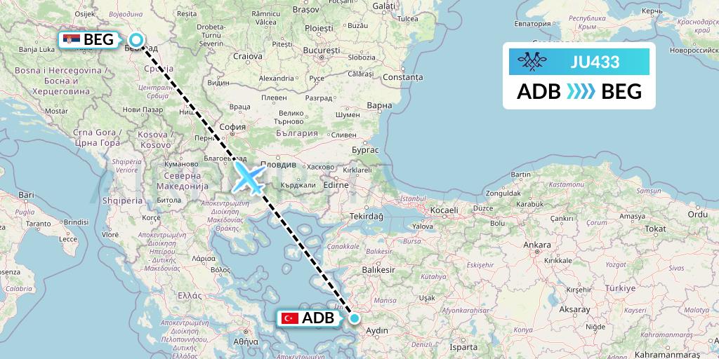 JU433 AirSERBIA Flight Map: Izmir to Belgrade
