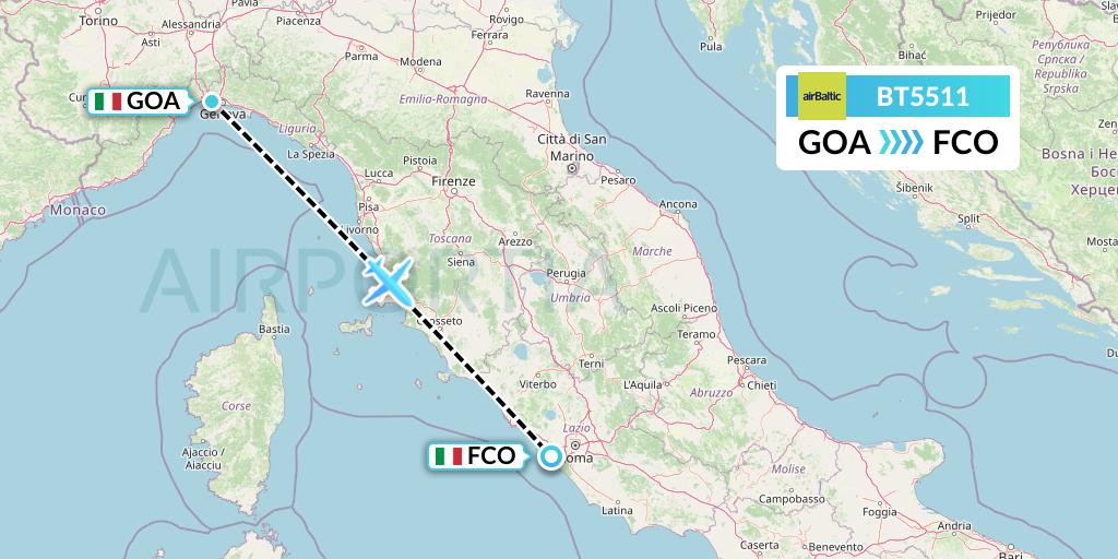 BT5511 Air Baltic Flight Map: Genoa to Rome