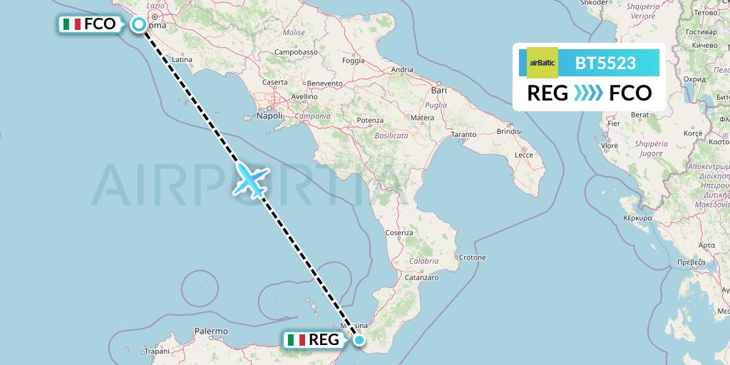 BT5523 Air Baltic Flight Map: Reggio Calabria to Rome