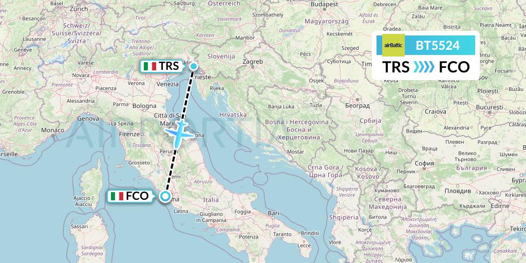BT5524 Air Baltic Flight Map: Trieste to Rome