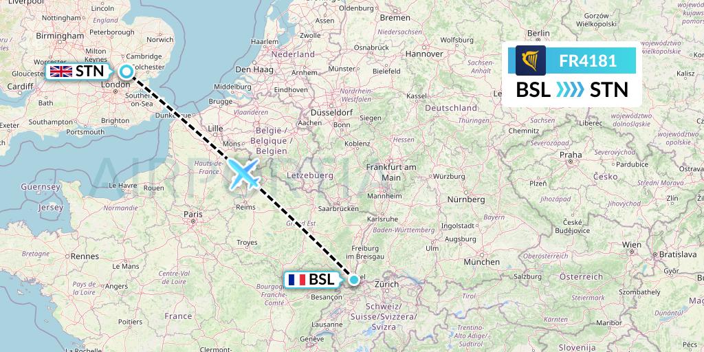 FR4181 Ryanair Flight Map: Basel to London