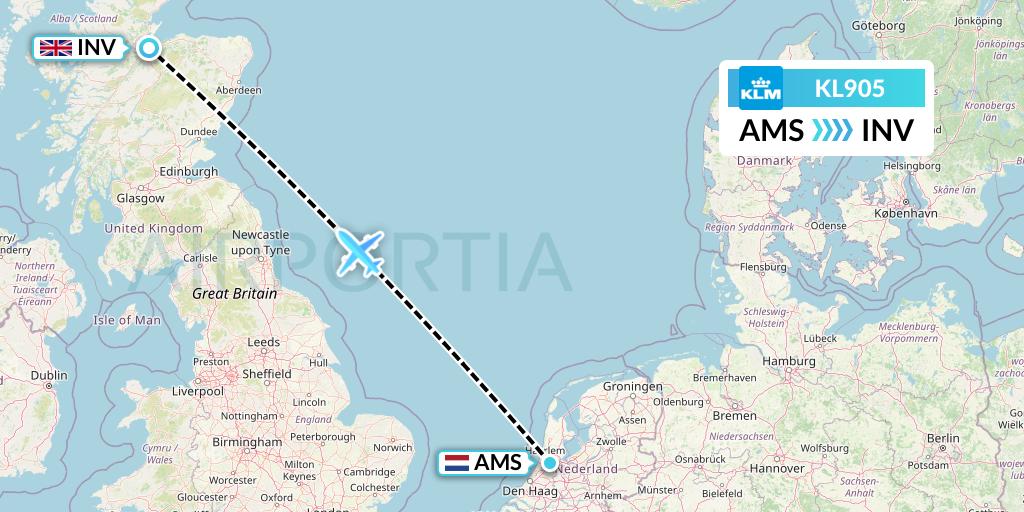 KL905 KLM Flight Map: Amsterdam to Inverness