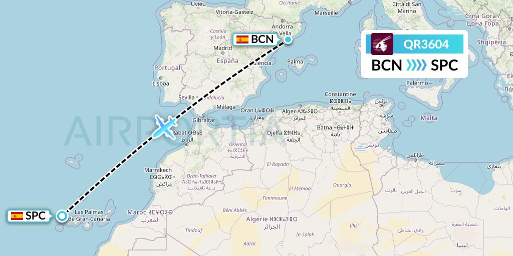 QR3604 Qatar Airways Flight Map: Barcelona to La Palma