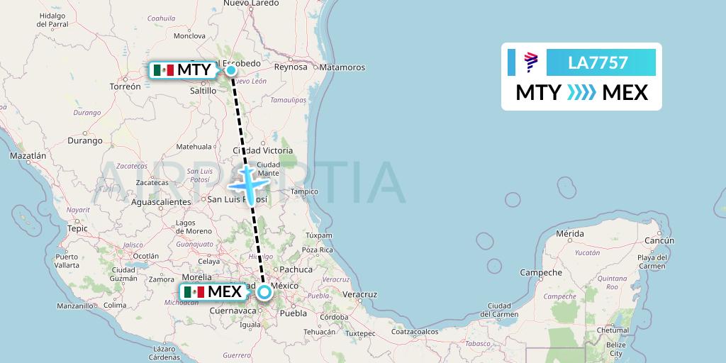 LA7757 LAN Airlines Flight Map: Monterrey to Mexico City
