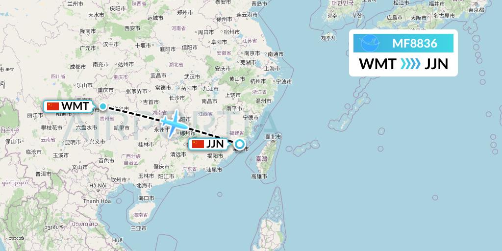 MF8836 Xiamen Airlines Flight Map: Zunyi to Jinjiang