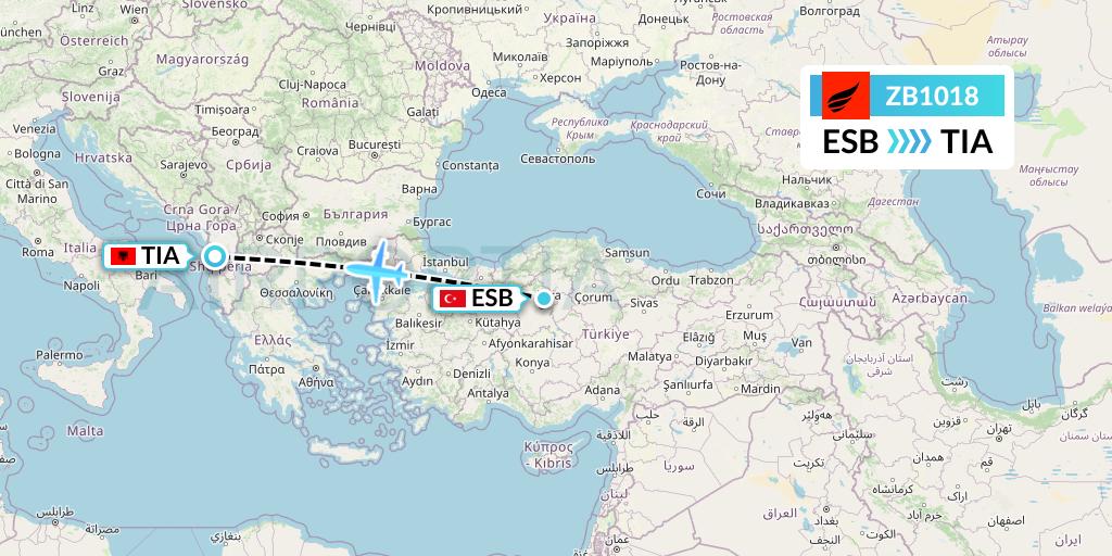 ZB1018 Air Albania Flight Map: Ankara to Tirana