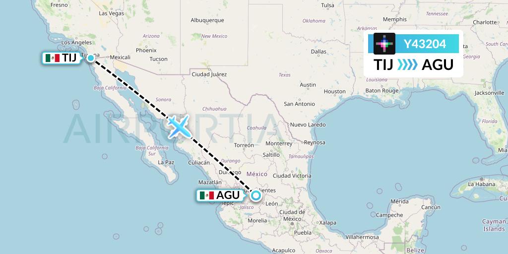 Y43204 Volaris Flight Map: Tijuana to Aguascalientes