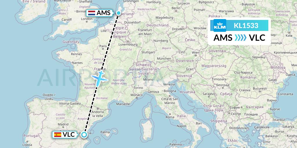 KL1533 KLM Flight Map: Amsterdam to Valencia