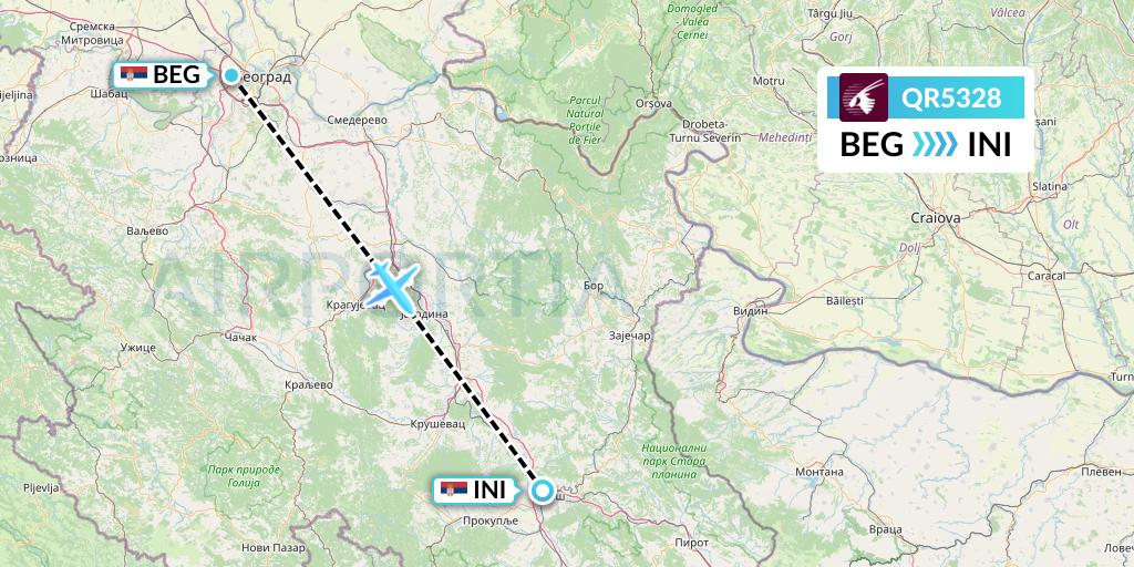 QR5328 Qatar Airways Flight Map: Belgrade to Nis