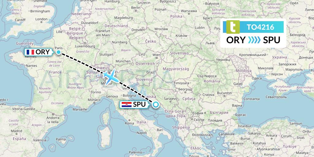 TO4216 Transavia France Flight Map: Paris to Split