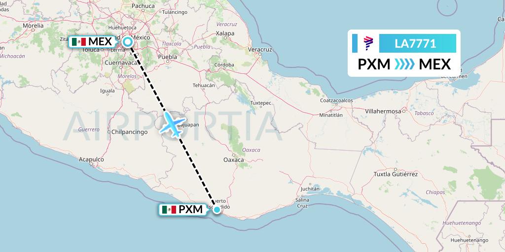 LA7771 LAN Airlines Flight Map: Puerto Escondido to Mexico City