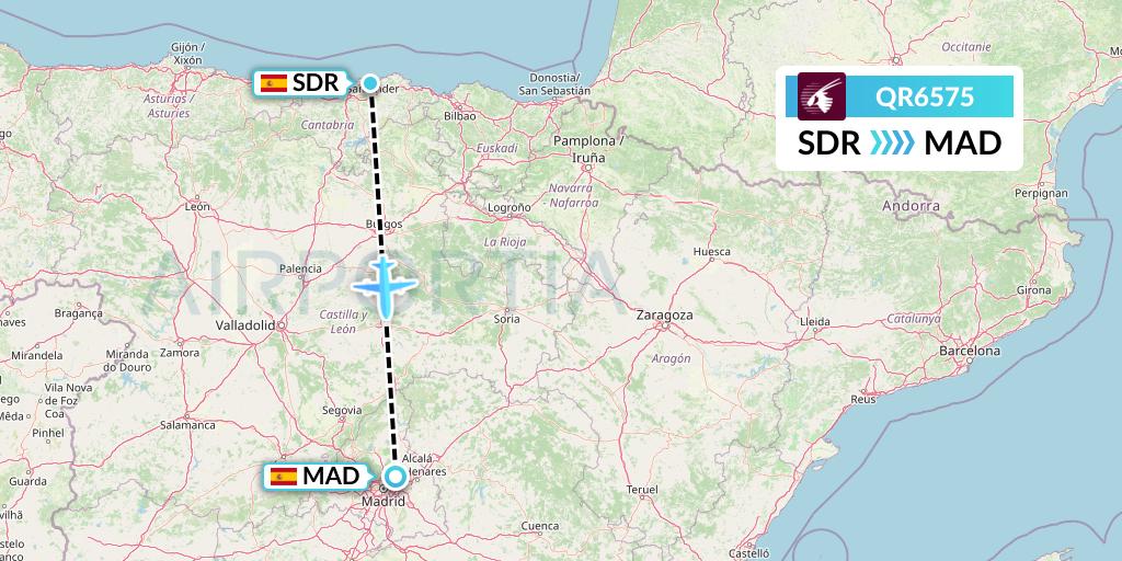 QR6575 Qatar Airways Flight Map: Santander to Madrid