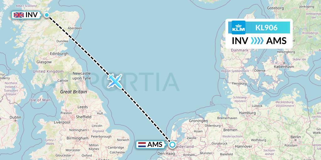 KL906 KLM Flight Map: Inverness to Amsterdam