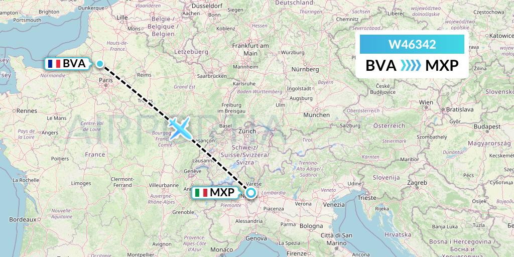 W46342 Wizz Air Malta Flight Map: Paris to Milan