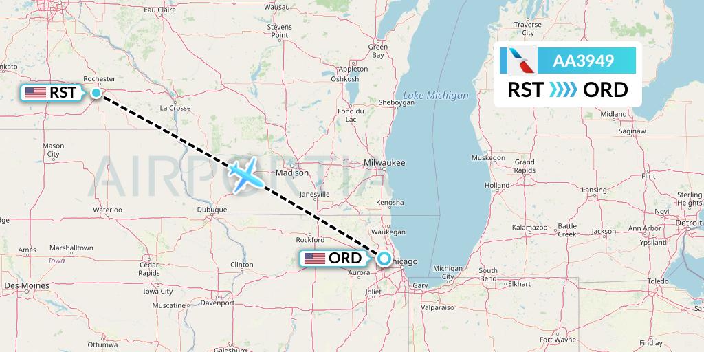 AA3949 American Airlines Flight Map: Rochester to Chicago