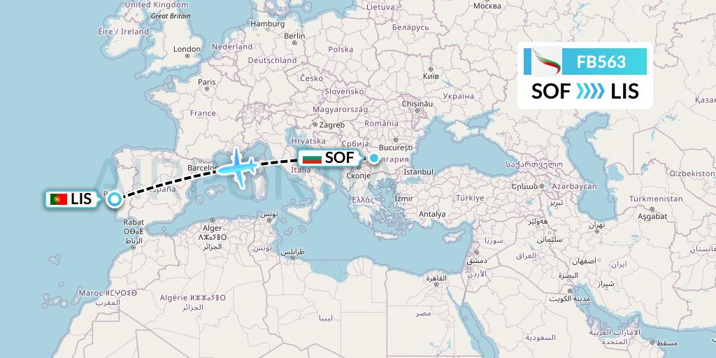 FB563 Bulgaria Air Flight Map: Sofia to Lisbon