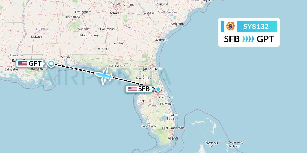 SY8132 Sun Country Airlines Flight Map: Orlando to Gulfport