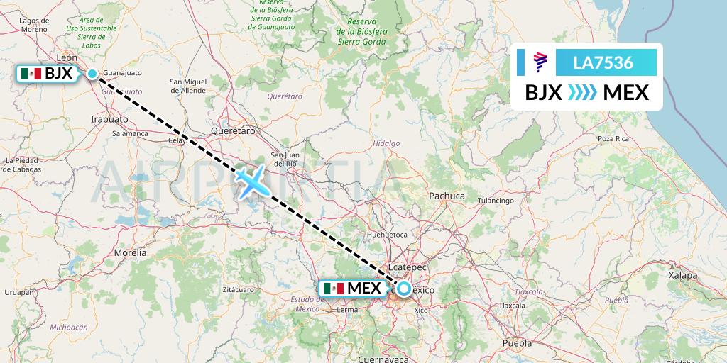 LA7536 LAN Airlines Flight Map: Silao to Mexico City