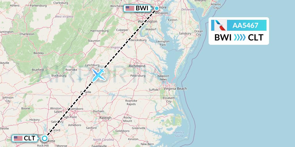 AA5467 American Airlines Flight Map: Baltimore to Charlotte
