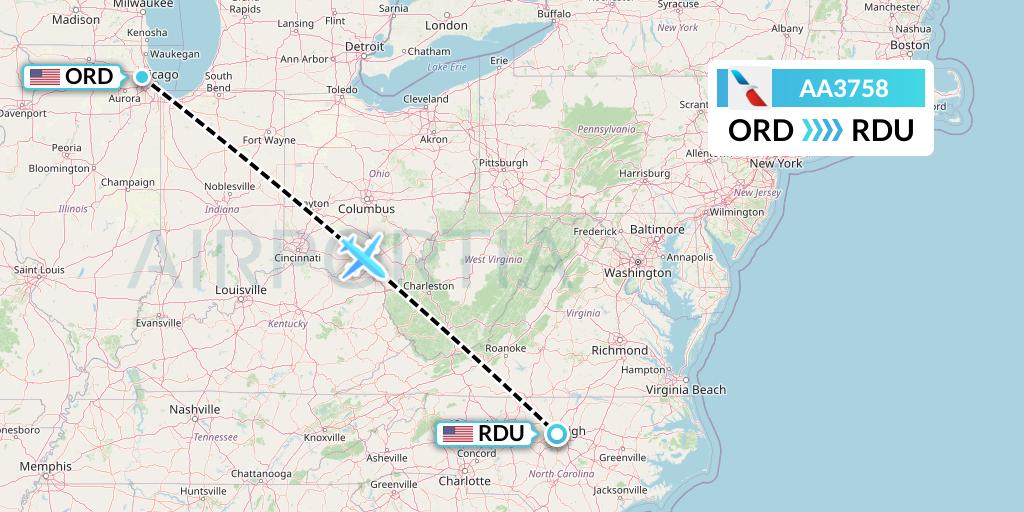 AA3758 American Airlines Flight Map: Chicago to Raleigh-Durham
