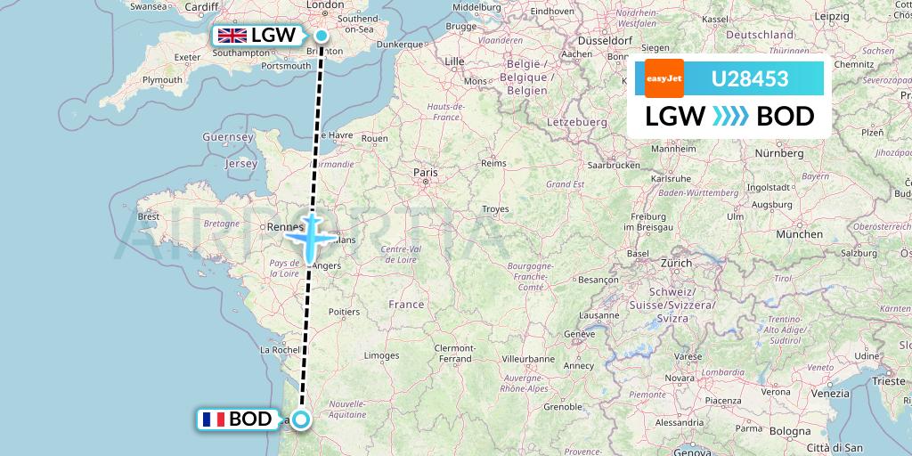 U28453 EasyJet Flight Map: London to Bordeaux