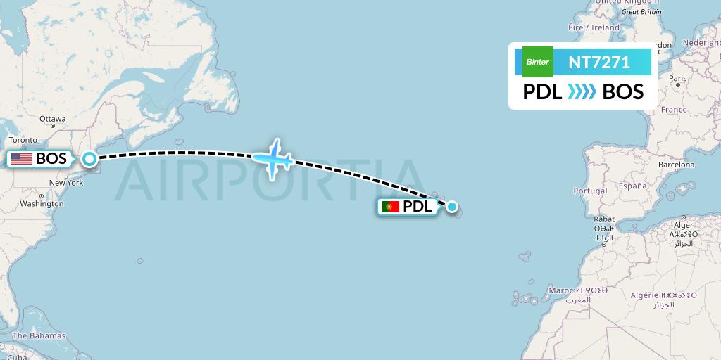 NT7271 Binter Canarias Flight Map: Ponta Delgada to Boston