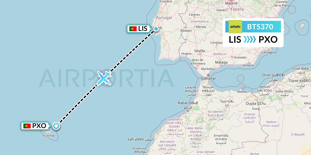 BT5370 Air Baltic Flight Map: Lisbon to Porto Santo