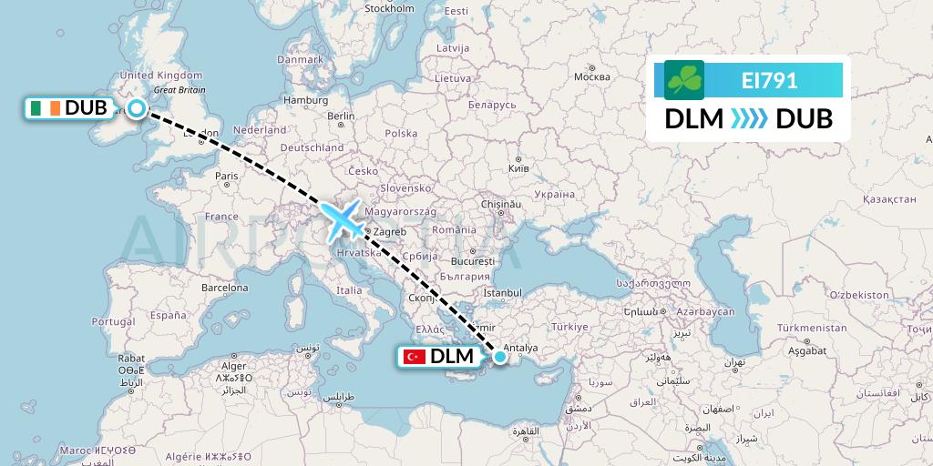 EI791 Aer Lingus Flight Map: Dalaman to Dublin