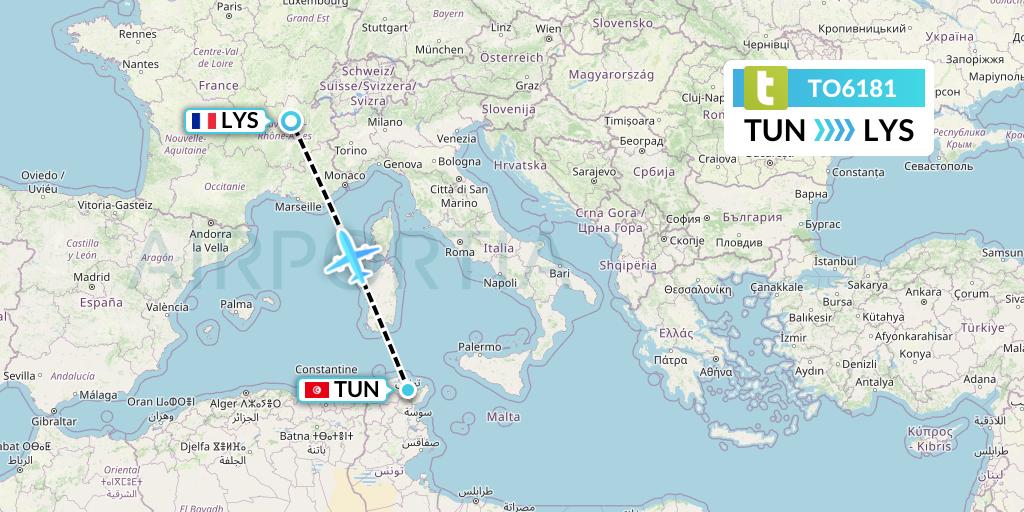 TO6181 Transavia France Flight Map: Tunis to Lyon