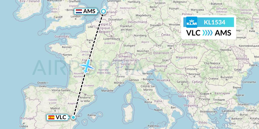 KL1534 KLM Flight Map: Valencia to Amsterdam