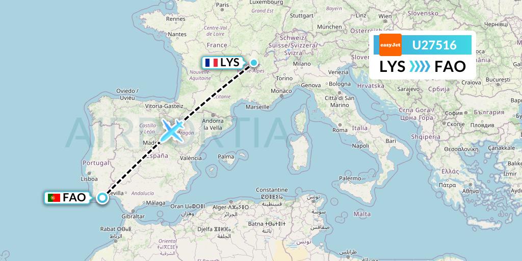 U27516 EasyJet Flight Map: Lyon to Faro