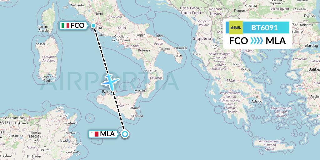 BT6091 Air Baltic Flight Map: Rome to Malta