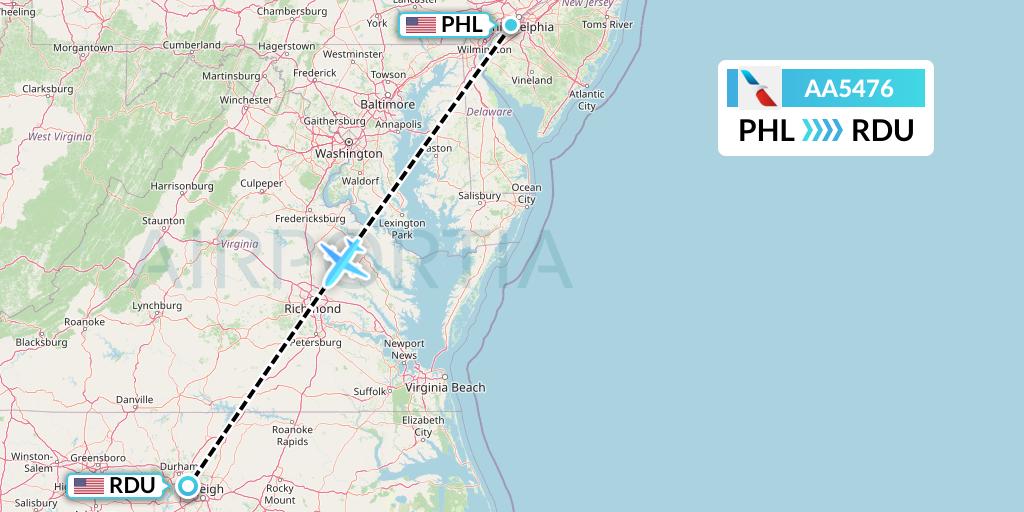 AA5476 American Airlines Flight Map: Philadelphia to Raleigh-Durham
