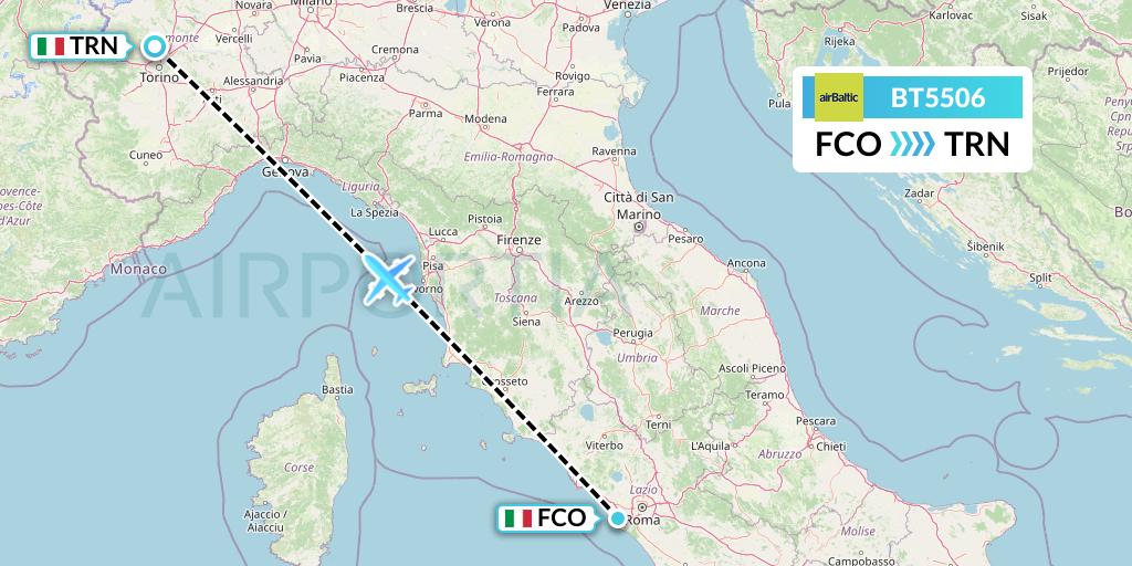 BT5506 Air Baltic Flight Map: Rome to Turin