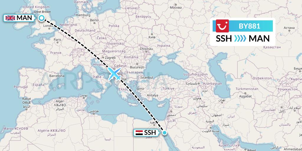 BY881 TUI Airways Flight Map: Sharm el-Sheikh to Manchester