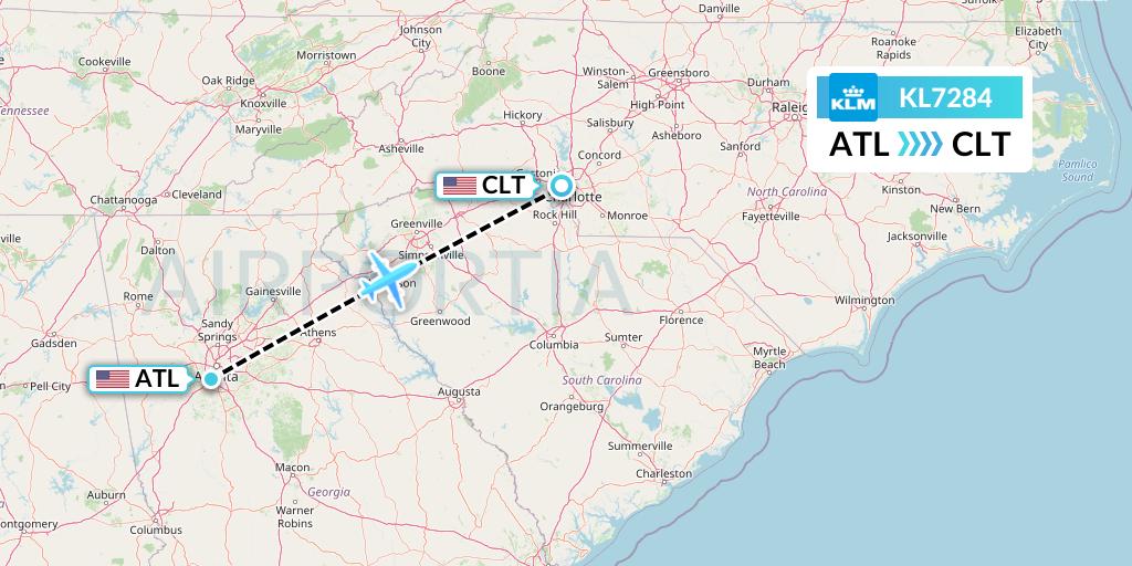 KL7284 KLM Flight Map: Atlanta to Charlotte