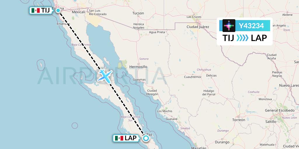 Y43234 Volaris Flight Map: Tijuana to La Paz