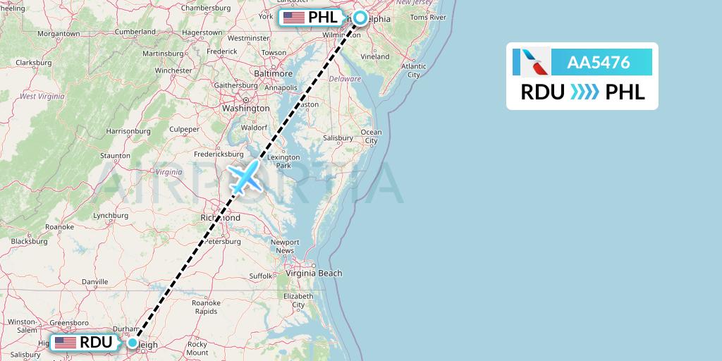 AA5476 American Airlines Flight Map: Raleigh-Durham to Philadelphia