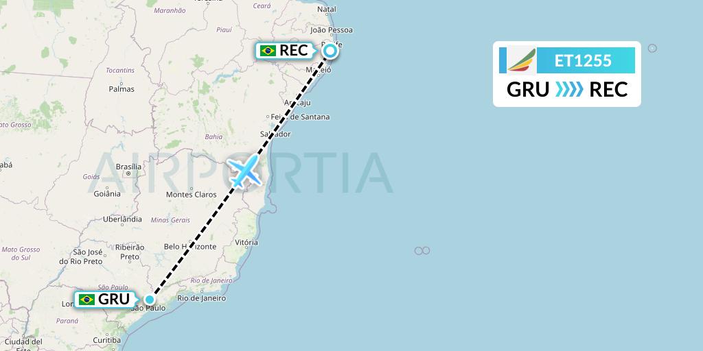 ET1255 Ethiopian Airlines Flight Map: Sao Paulo to Recife