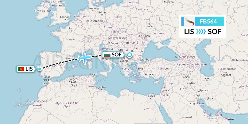 FB564 Bulgaria Air Flight Map: Lisbon to Sofia